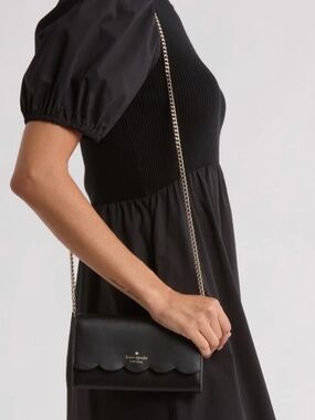 kate spade Gemma Black Leather Scalloped Crossbody Wallet on a Gold Chain NEW